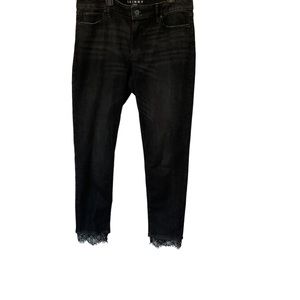 White House Black Market black skinny ankle jeans with lace at hem